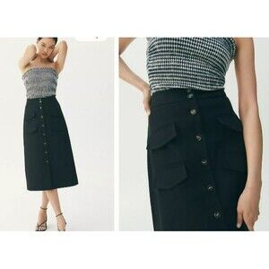 Mare Mare X Anthropologie Black Utility Midi Skirt Button Front Size XL A-Line